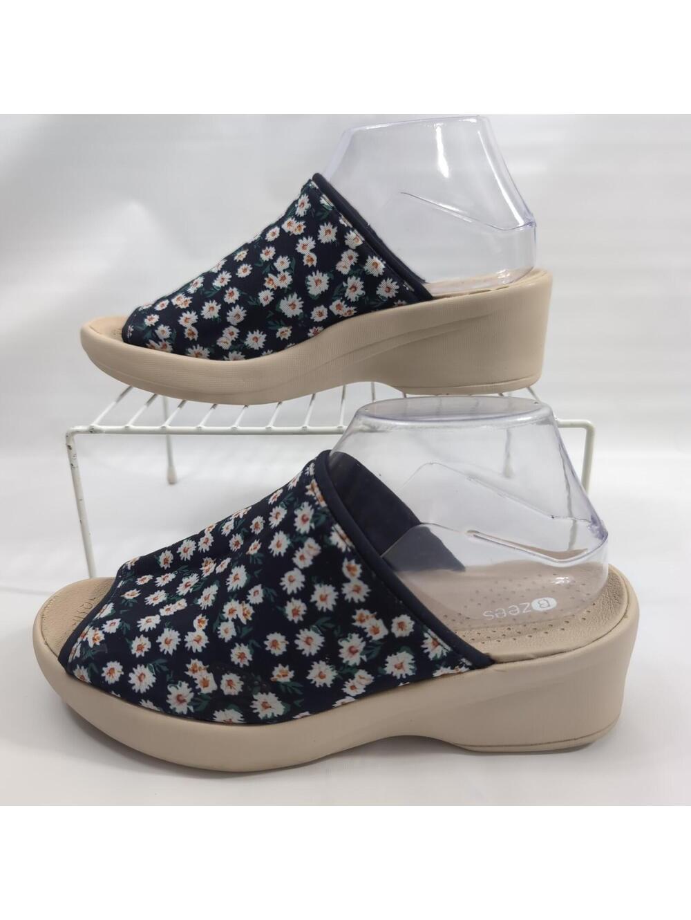 Bzees Navy Floral Slip-On Wedge Sandals with Cream Sole - Picture 2 of 9